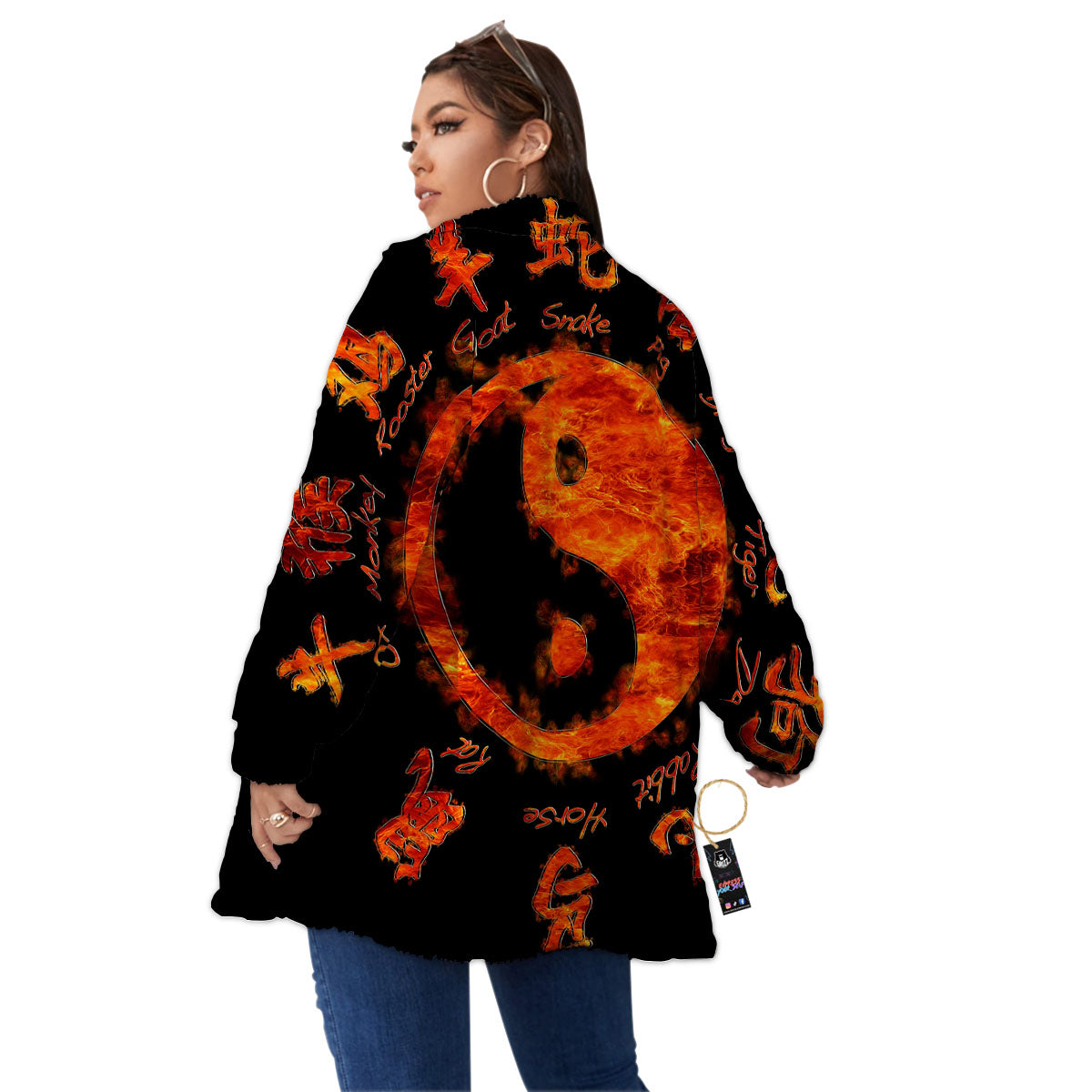 Chinese Zodiac Fire Yin Yang Print Women's Sherpa Jacket-grizzshop