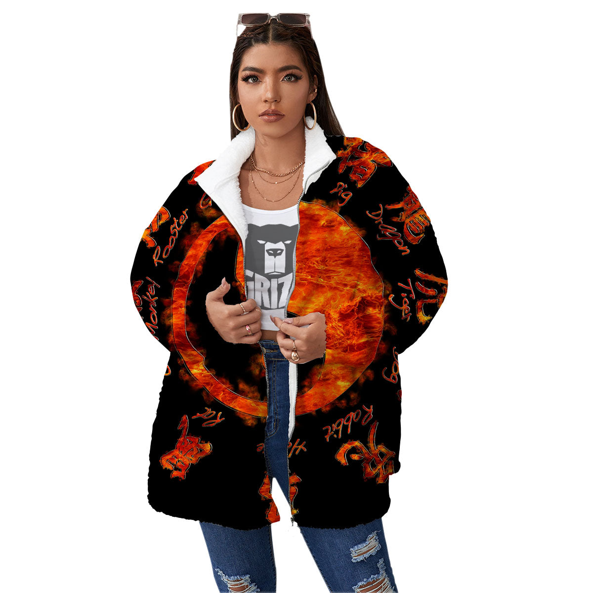 Chinese Zodiac Fire Yin Yang Print Women's Sherpa Jacket-grizzshop