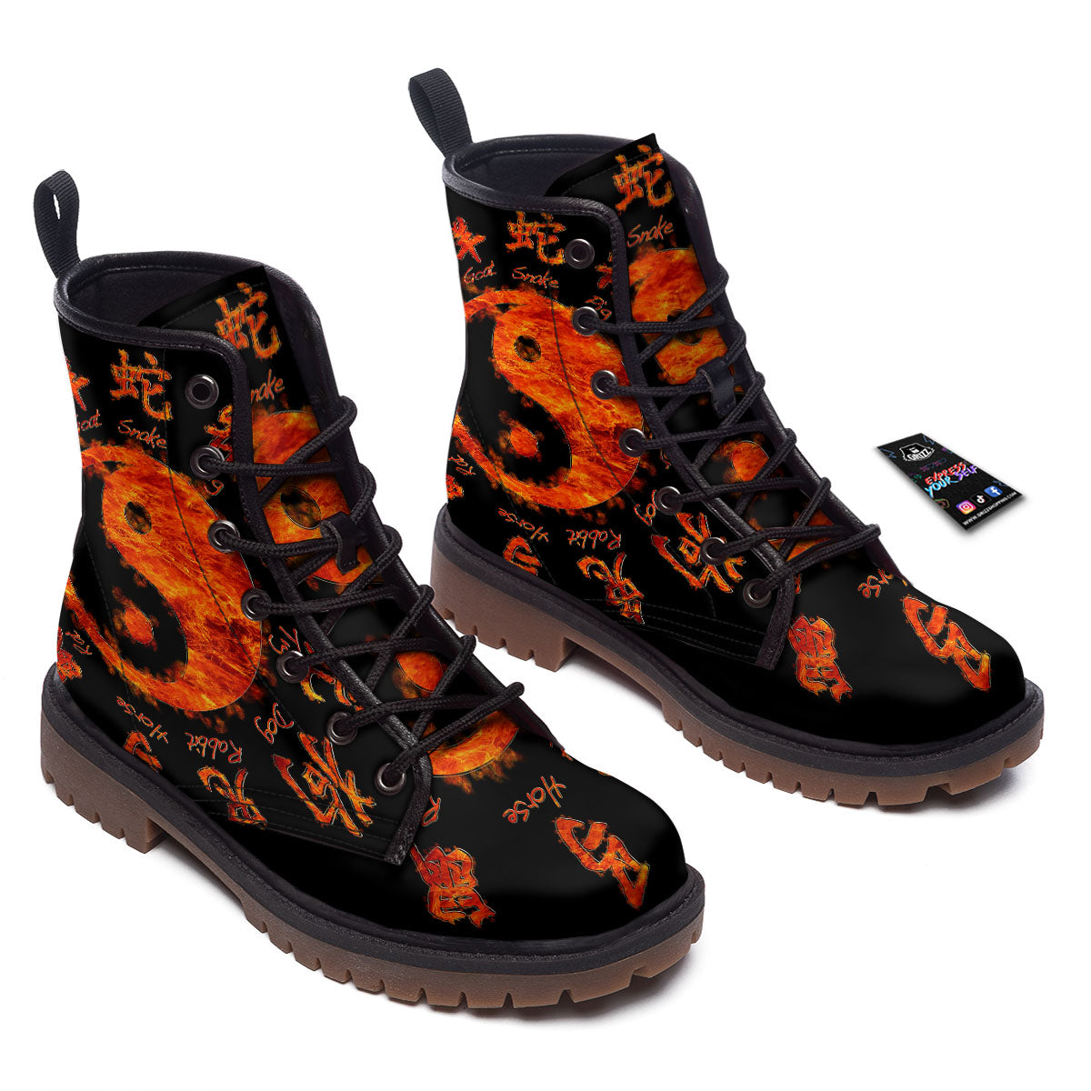 Chinese Zodiac Fire Yin Yang Print Work Boots-grizzshop