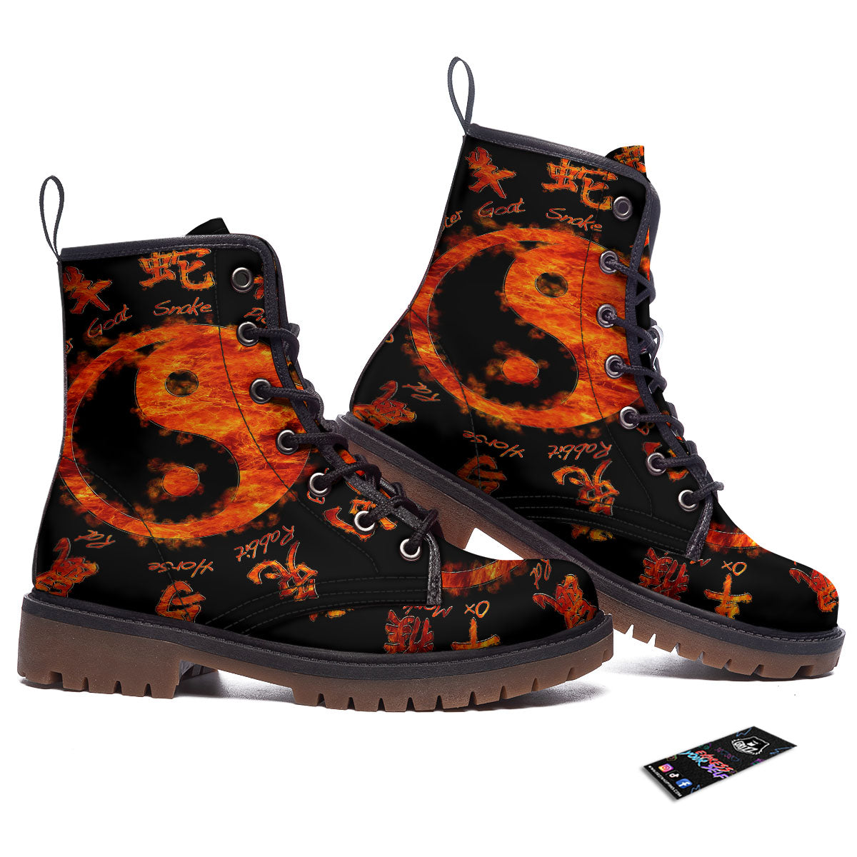 Chinese Zodiac Fire Yin Yang Print Work Boots-grizzshop
