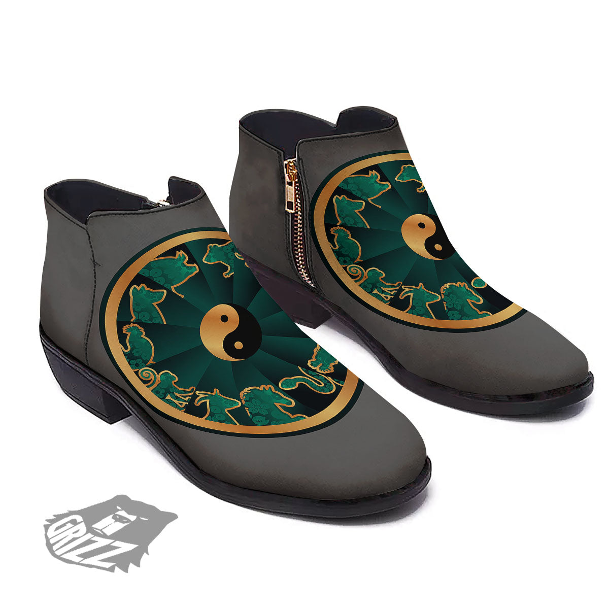 Chinese Zodiac Gold And Green Print Ankle Boots-grizzshop