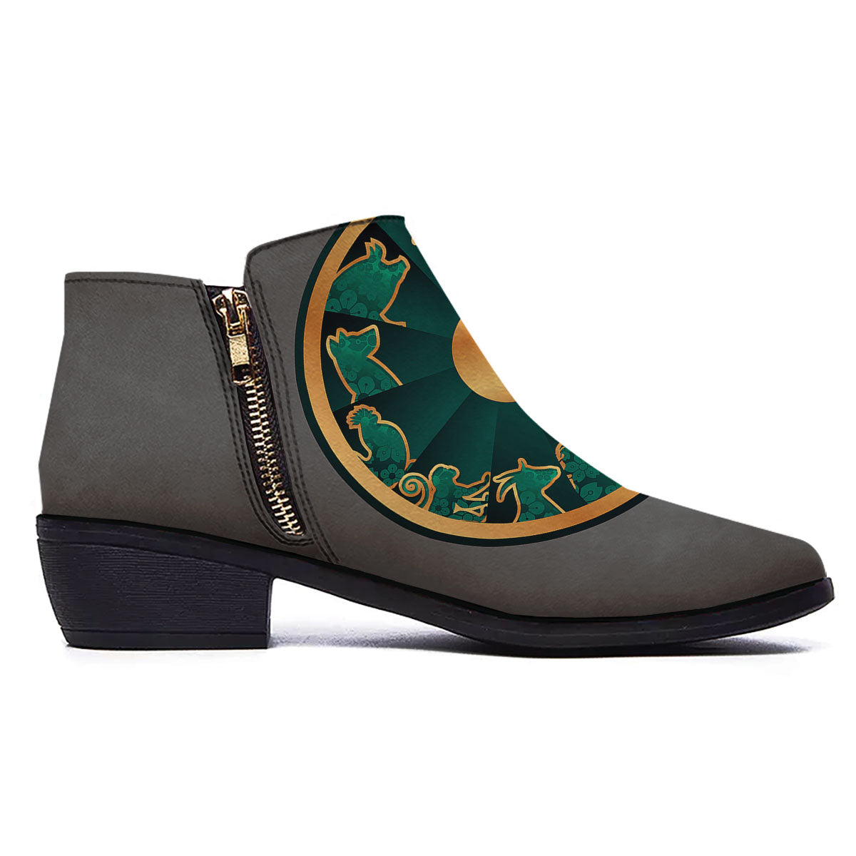 Chinese Zodiac Gold And Green Print Ankle Boots-grizzshop
