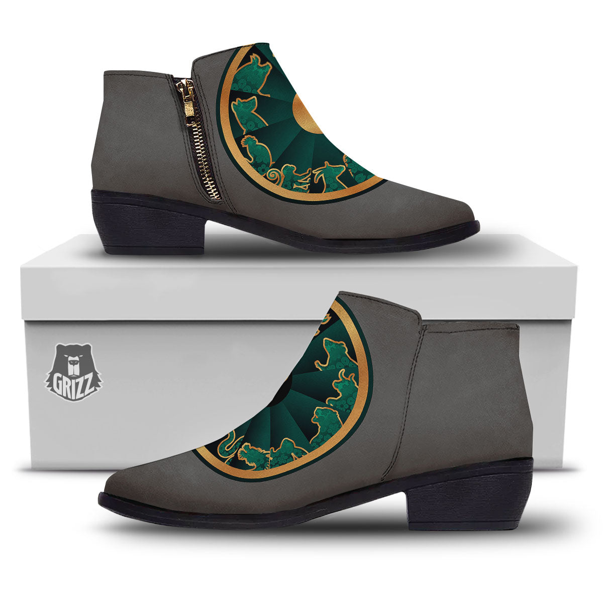 Chinese Zodiac Gold And Green Print Ankle Boots-grizzshop