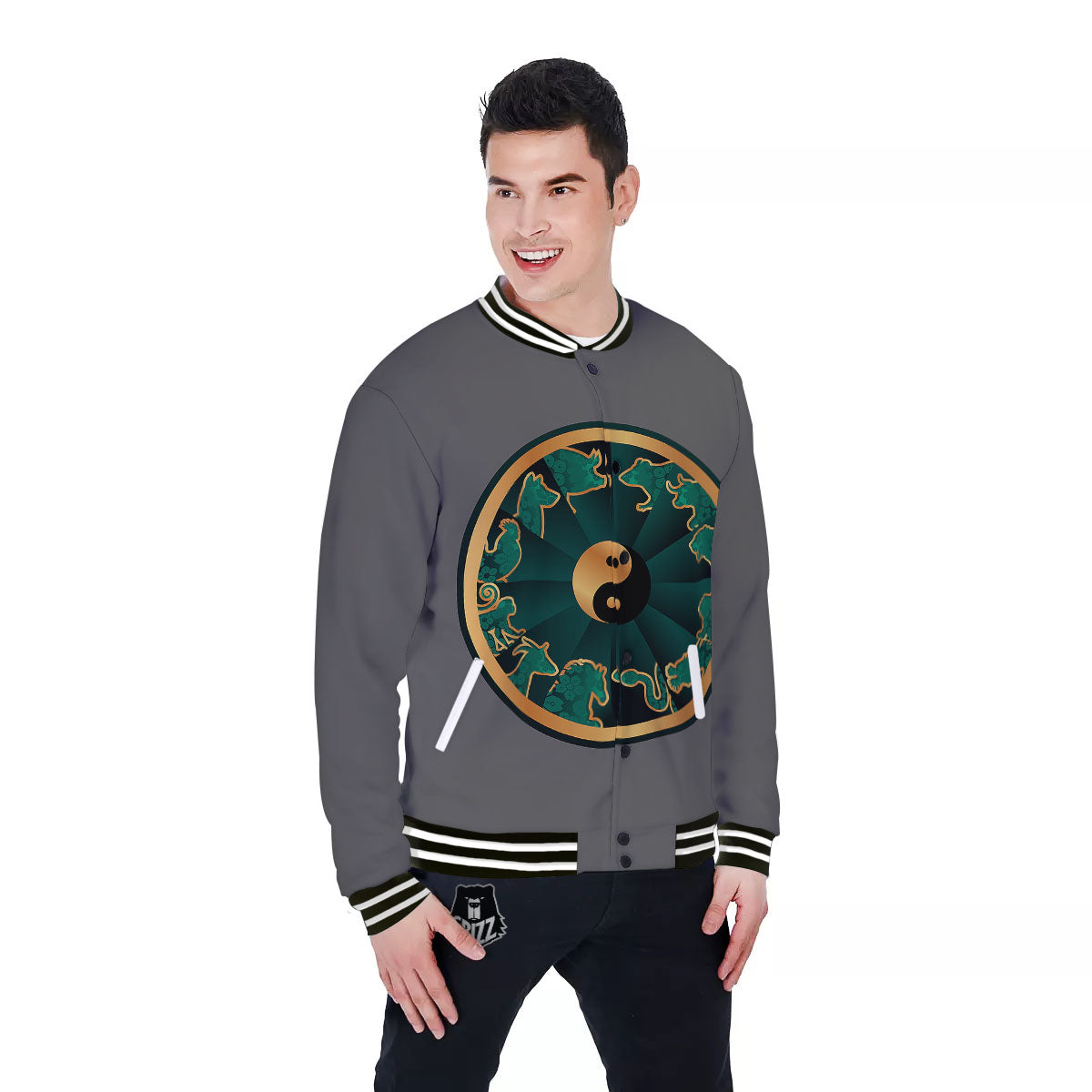 Chinese Zodiac Gold And Green Print Baseball Jacket-grizzshop