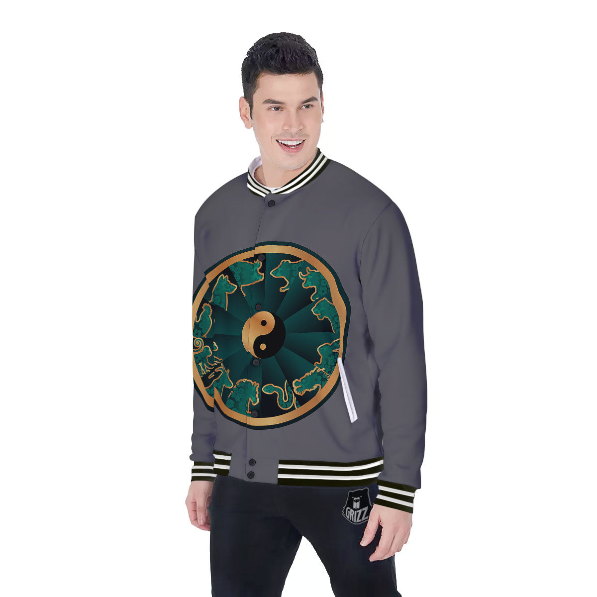 Chinese Zodiac Gold And Green Print Baseball Jacket-grizzshop