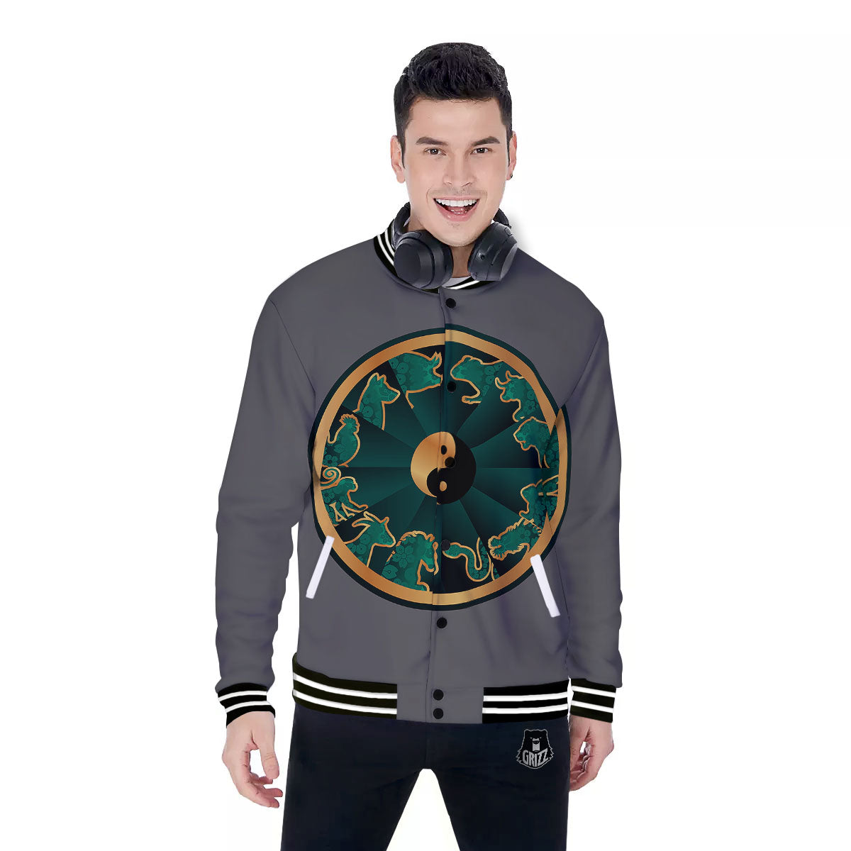 Chinese Zodiac Gold And Green Print Baseball Jacket-grizzshop