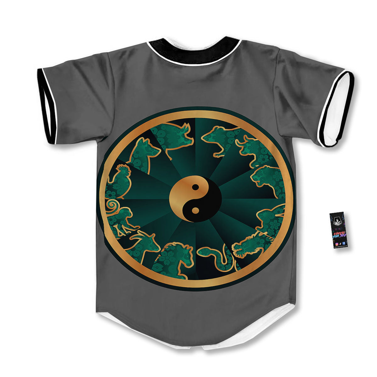 Chinese Zodiac Gold And Green Print Baseball Jersey-grizzshop