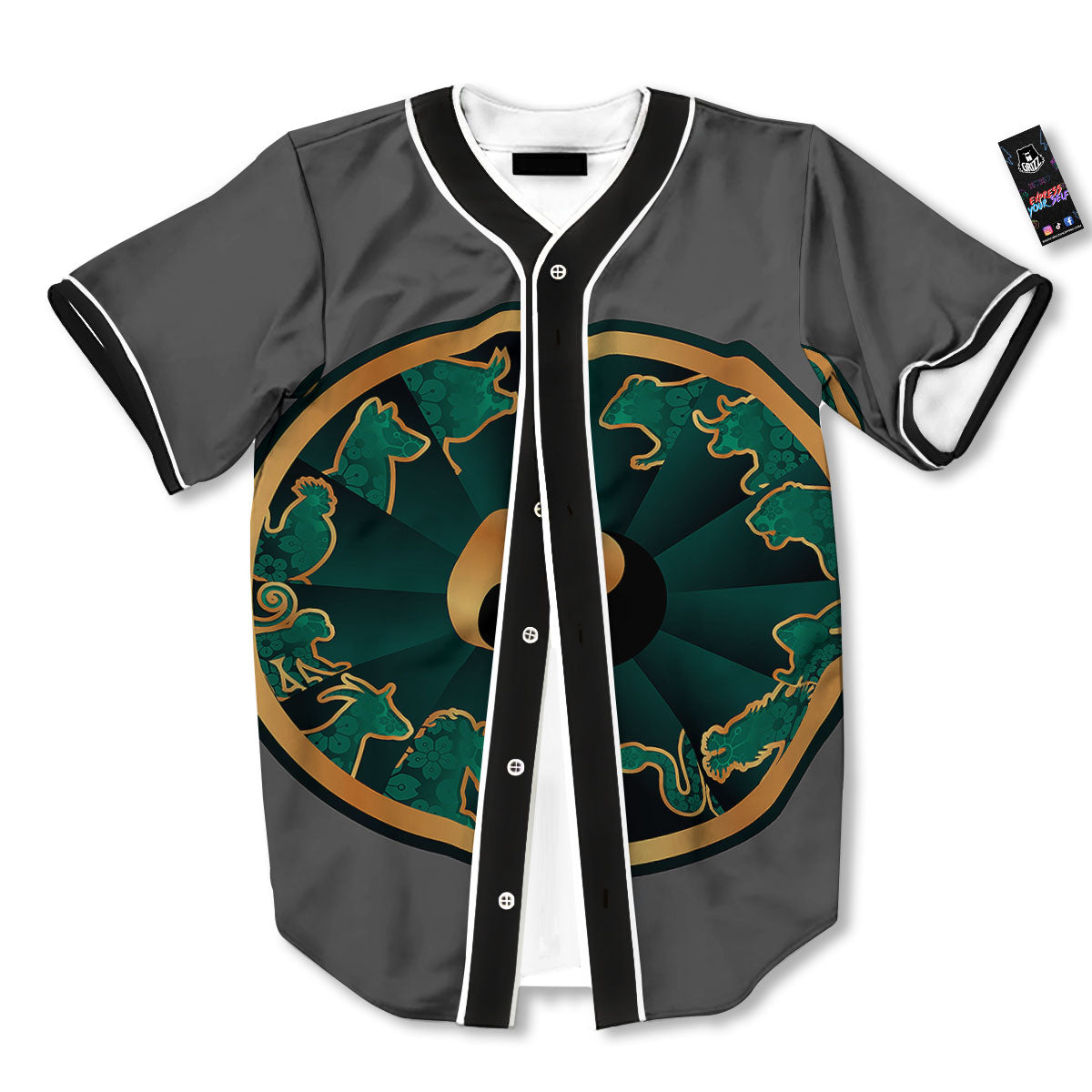 Chinese Zodiac Gold And Green Print Baseball Jersey-grizzshop
