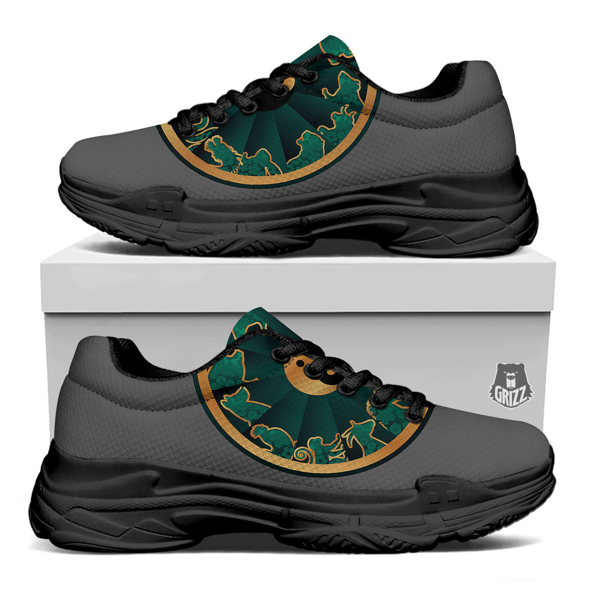 Chinese Zodiac Gold And Green Print Black Chunky Shoes-grizzshop