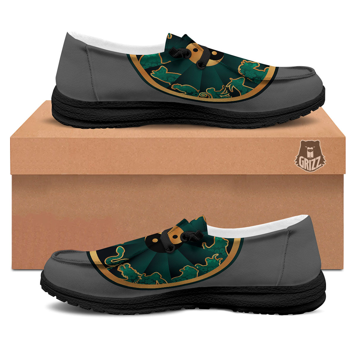Chinese Zodiac Gold And Green Print Black Loafers-grizzshop