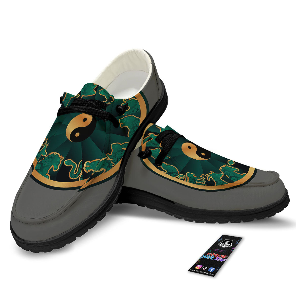 Chinese Zodiac Gold And Green Print Black Loafers-grizzshop