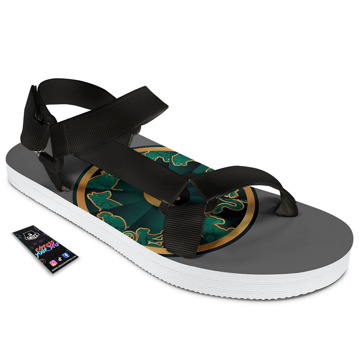 Chinese Zodiac Gold And Green Print Black Open Toe Sandals-grizzshop