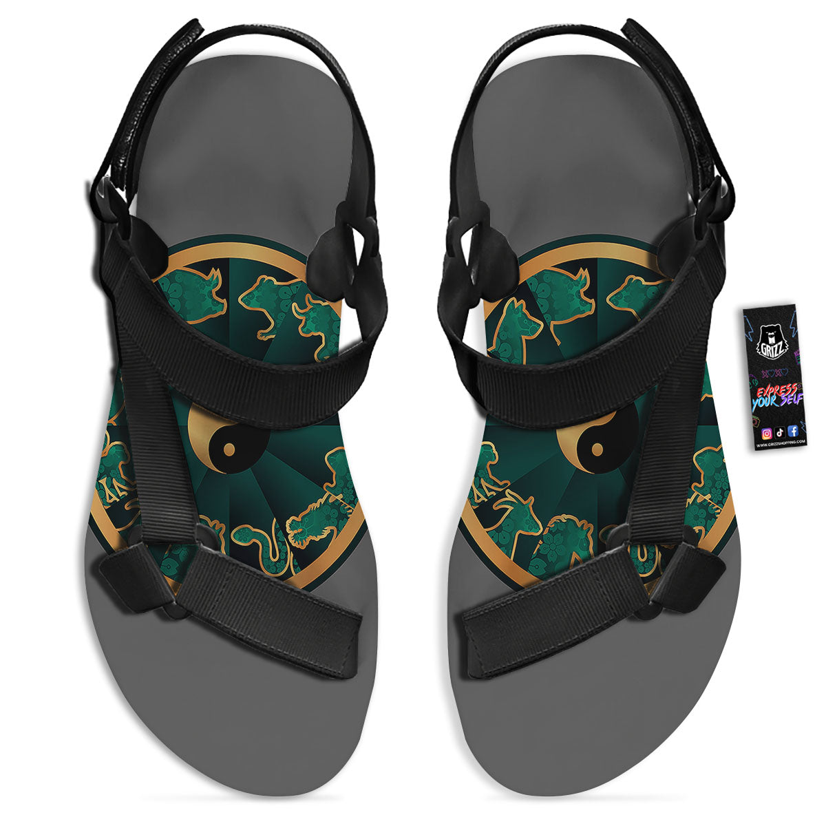 Chinese Zodiac Gold And Green Print Black Open Toe Sandals-grizzshop