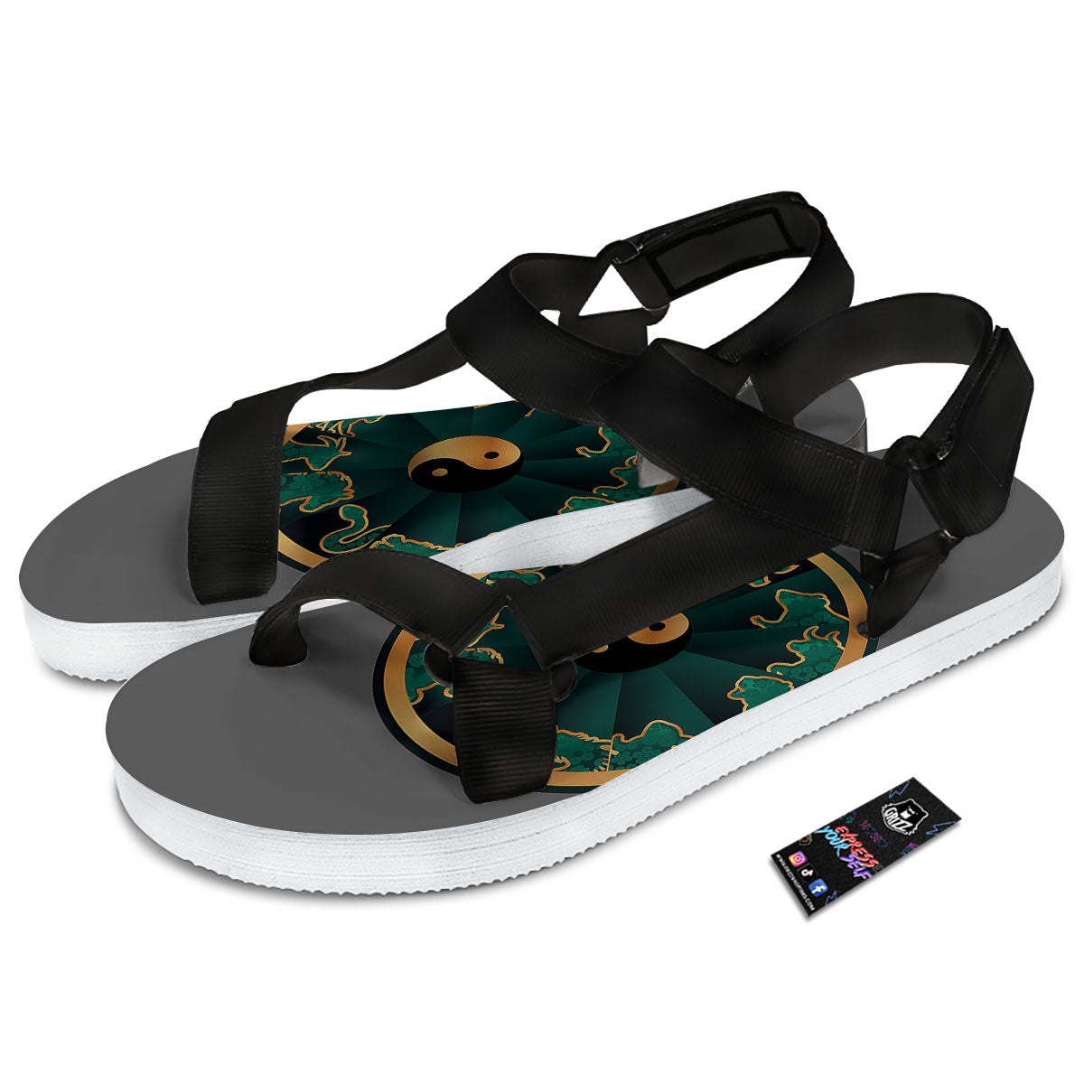 Chinese Zodiac Gold And Green Print Black Open Toe Sandals-grizzshop