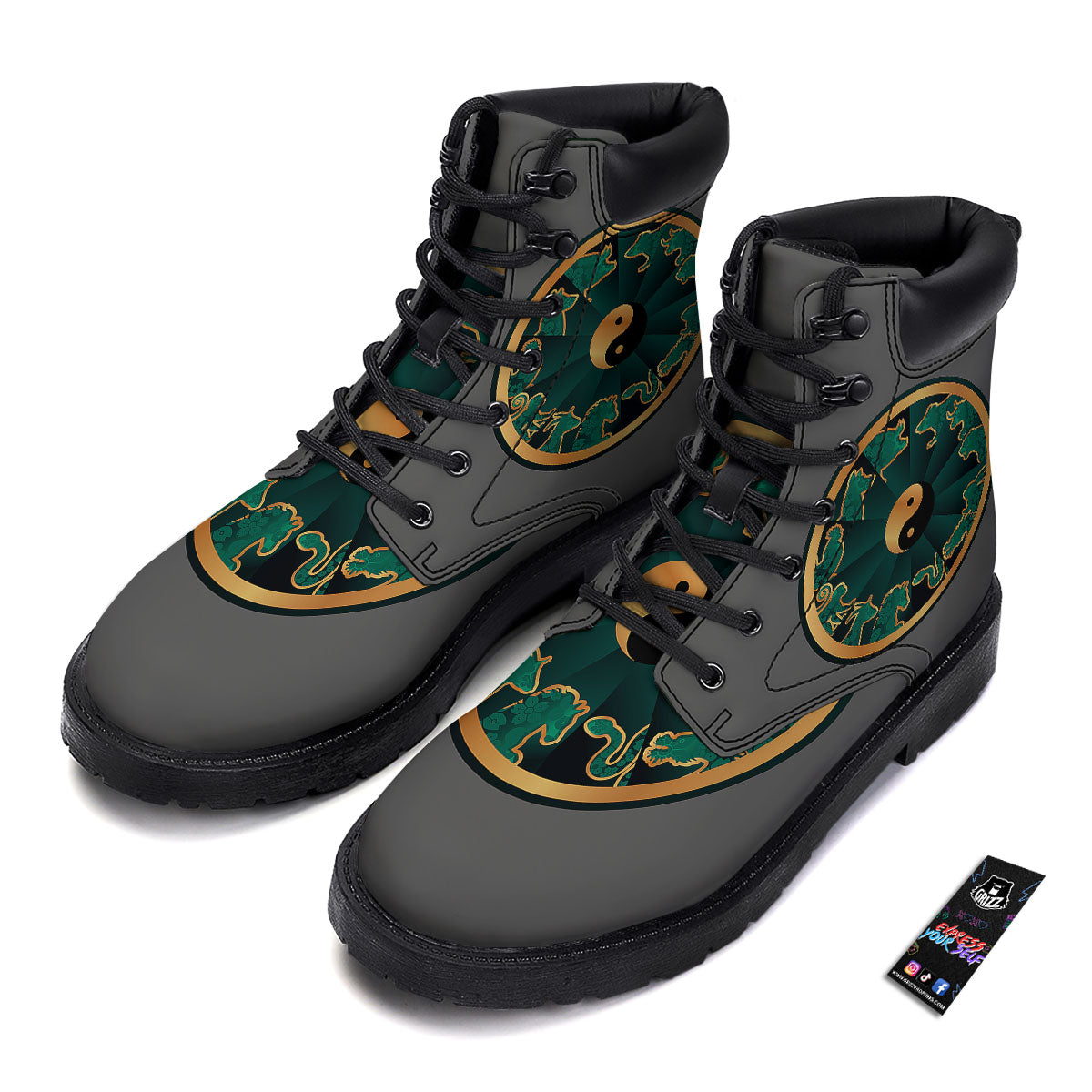 Chinese Zodiac Gold And Green Print Boots-grizzshop