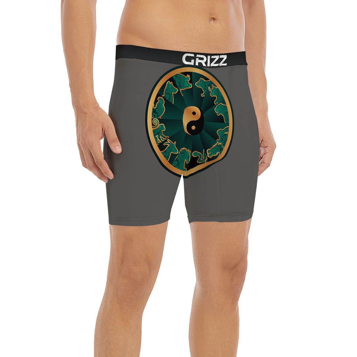 Chinese Zodiac Gold And Green Print Boxer Briefs-grizzshop