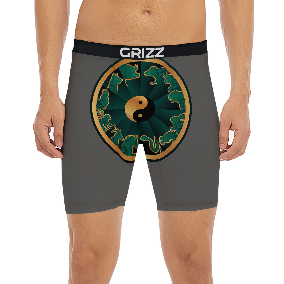 Chinese Zodiac Gold And Green Print Boxer Briefs-grizzshop