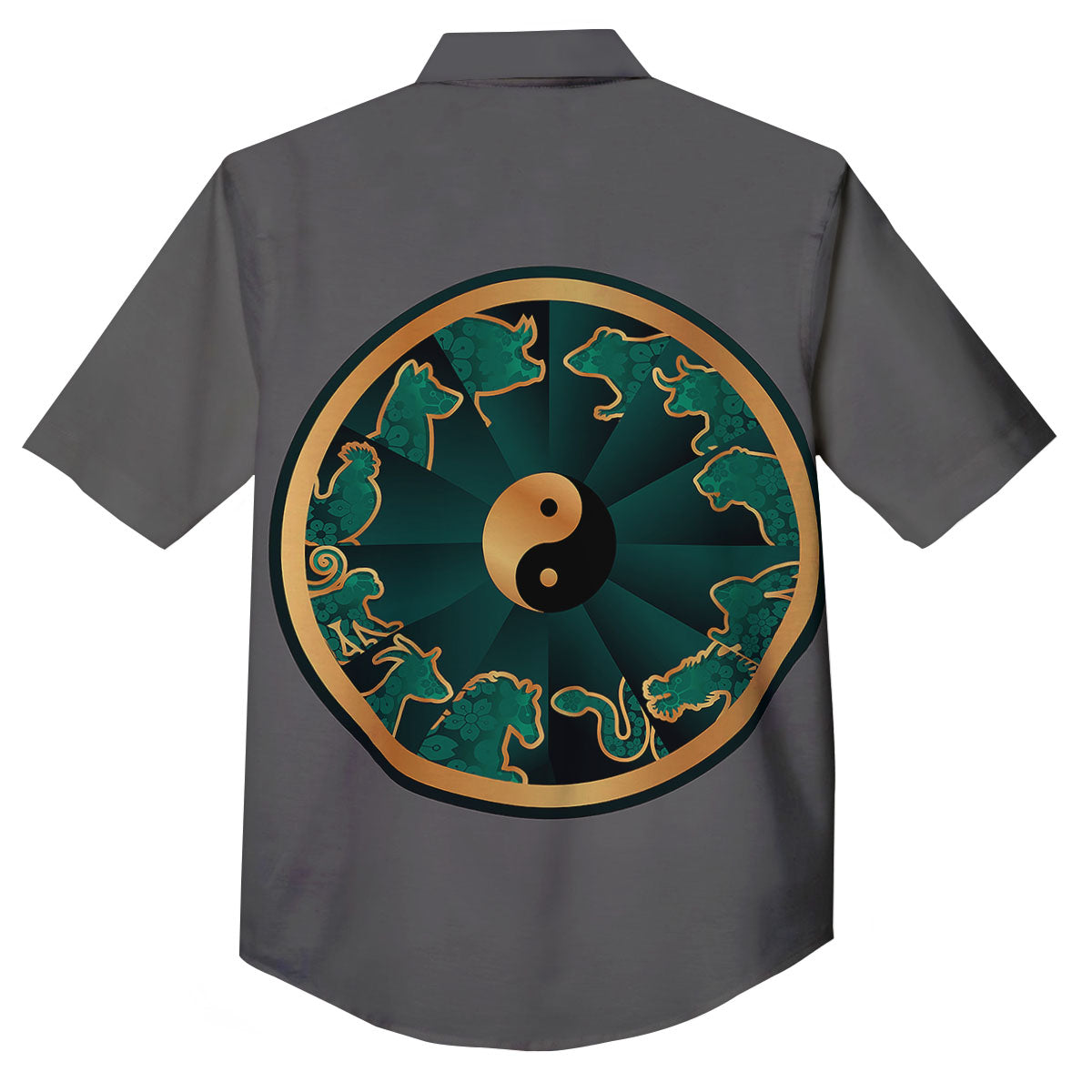 Chinese Zodiac Gold And Green Print Button Up Shirt-grizzshop