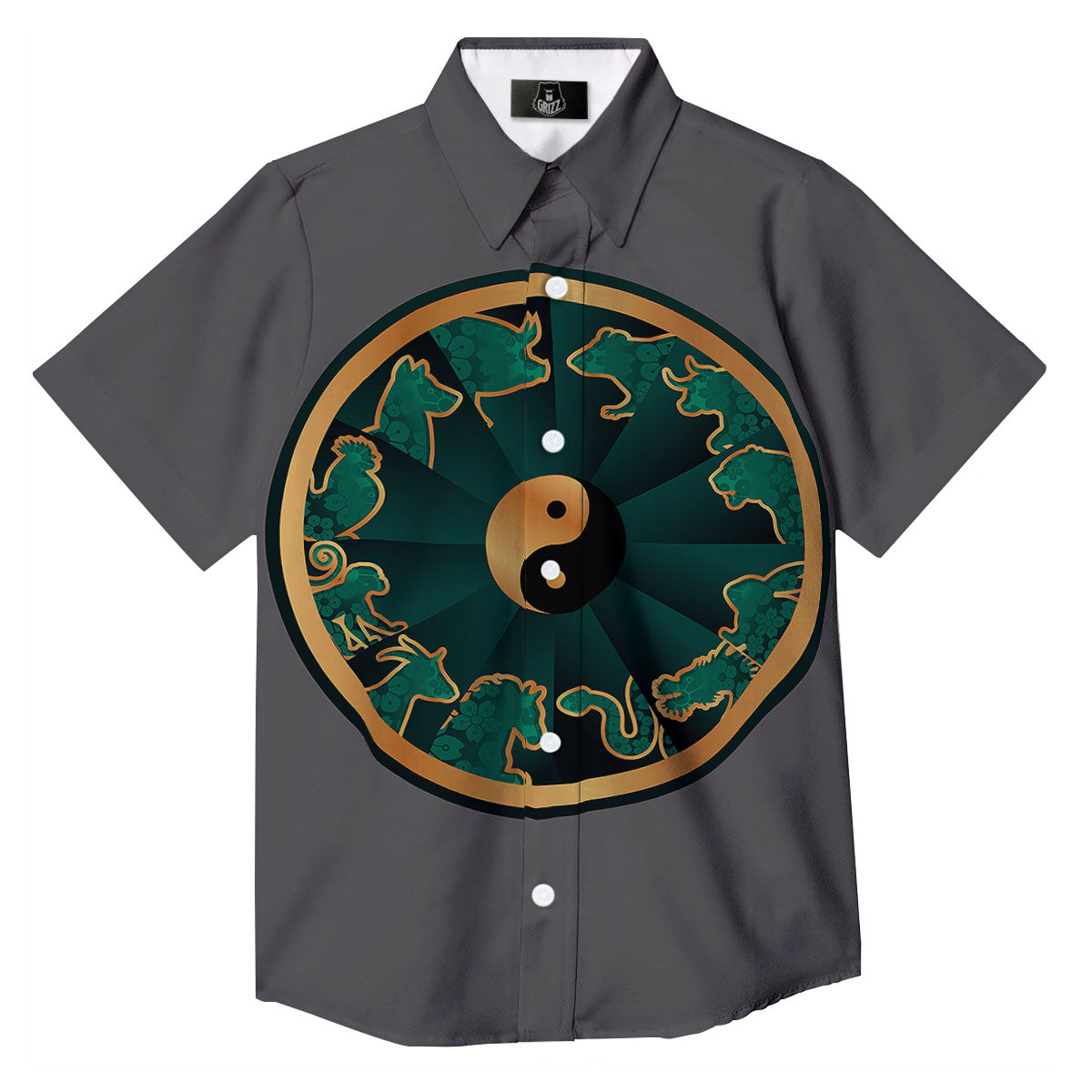 Chinese Zodiac Gold And Green Print Button Up Shirt-grizzshop