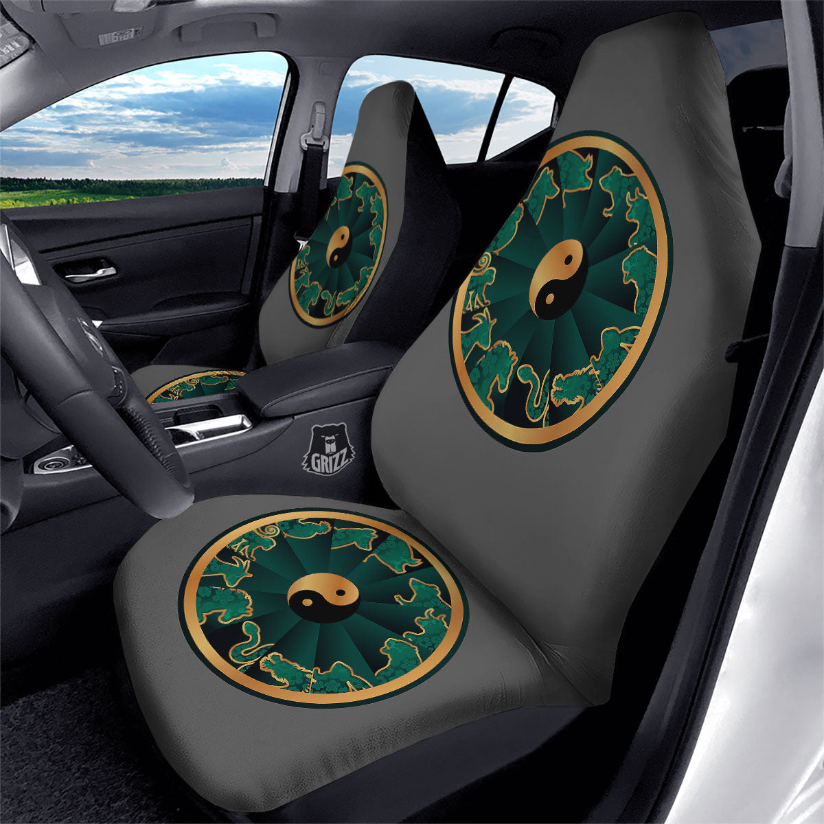 Chinese Zodiac Gold And Green Print Car Seat Covers-grizzshop