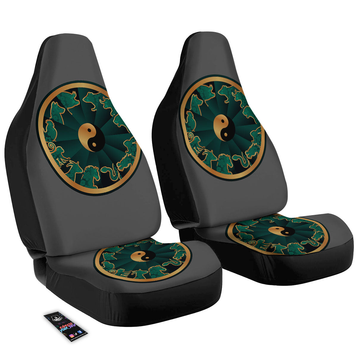 Chinese Zodiac Gold And Green Print Car Seat Covers-grizzshop