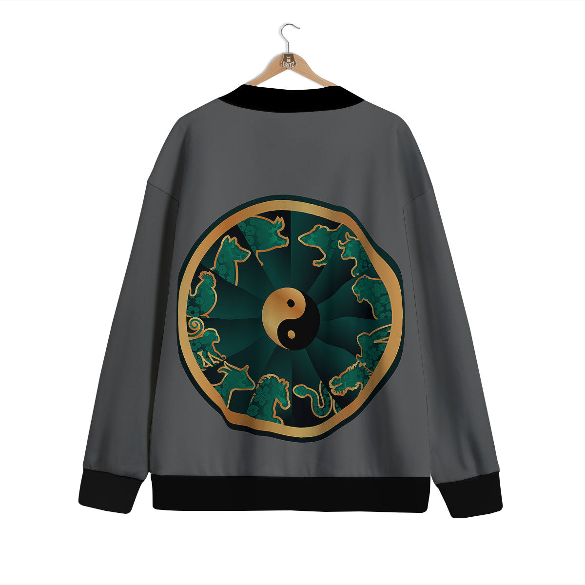 Chinese Zodiac Gold And Green Print Cardigan-grizzshop