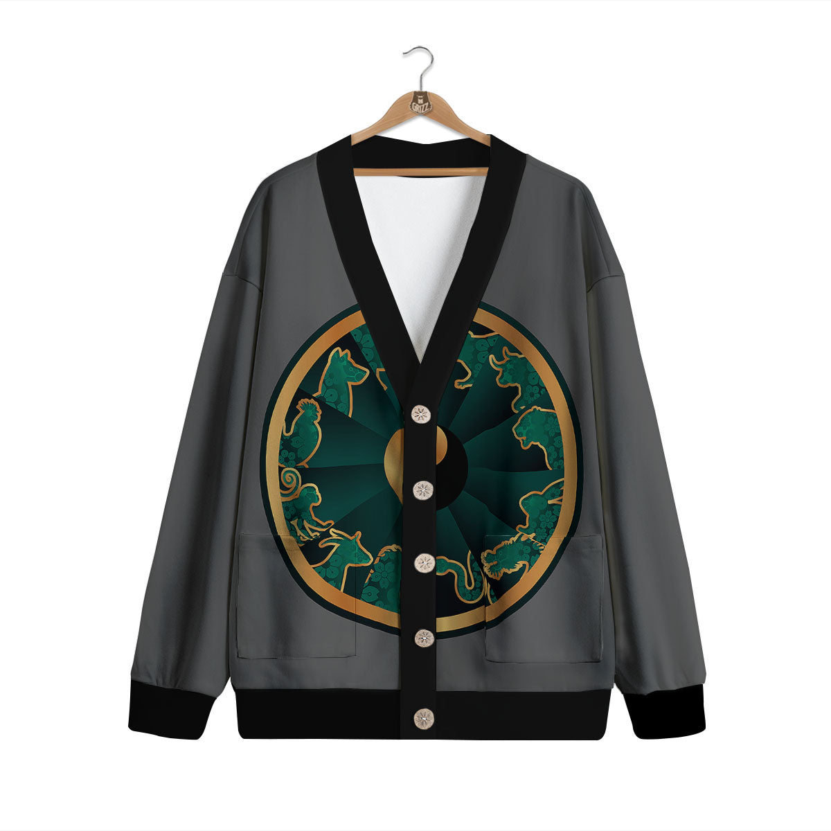 Chinese Zodiac Gold And Green Print Cardigan-grizzshop