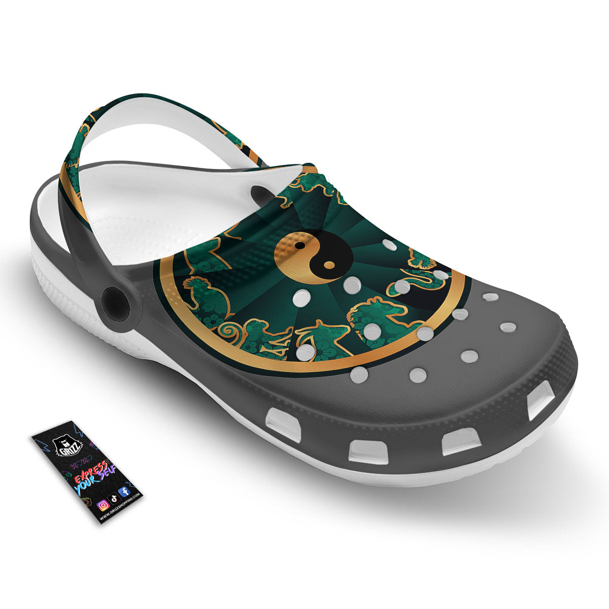 Chinese Zodiac Gold And Green Print Clog-grizzshop