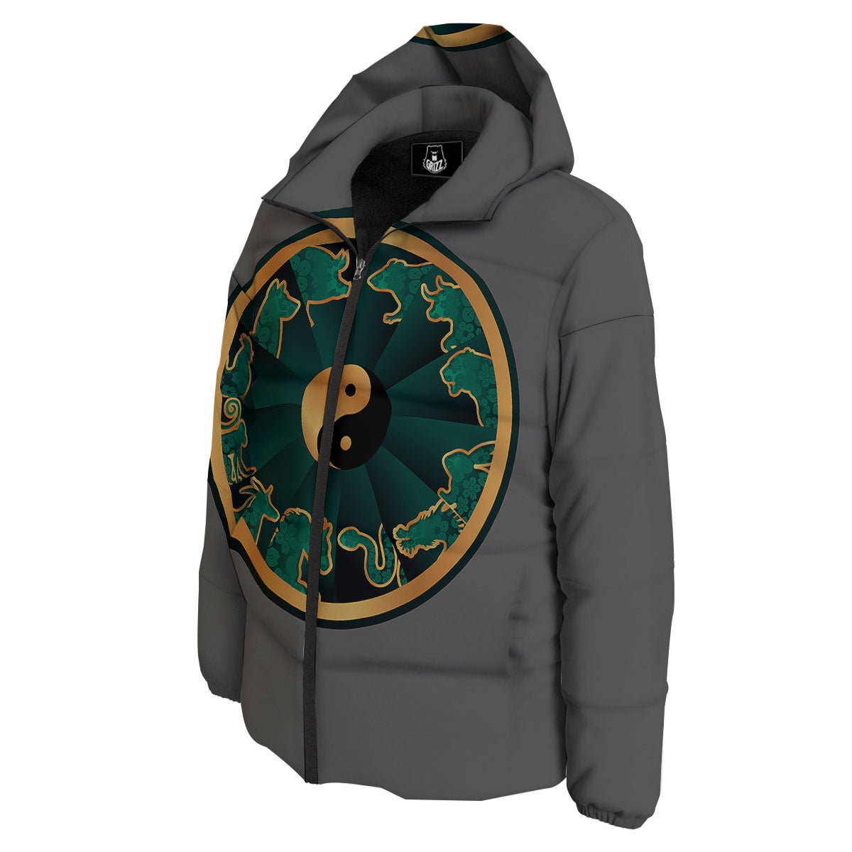 Chinese Zodiac Gold And Green Print Down Jacket-grizzshop
