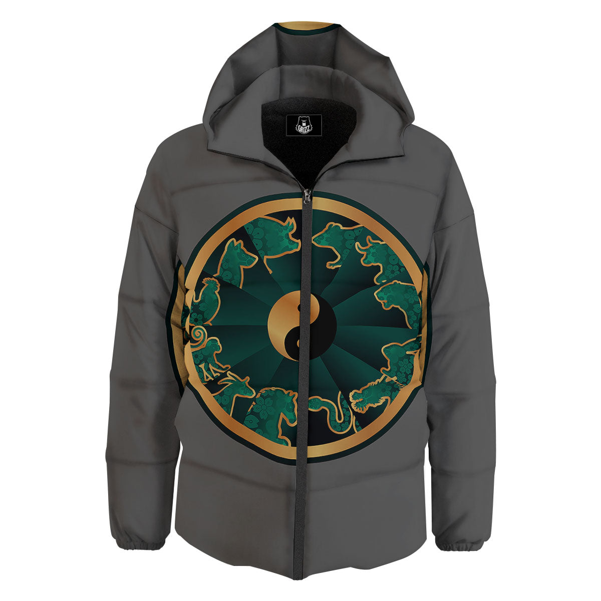 Chinese Zodiac Gold And Green Print Down Jacket-grizzshop
