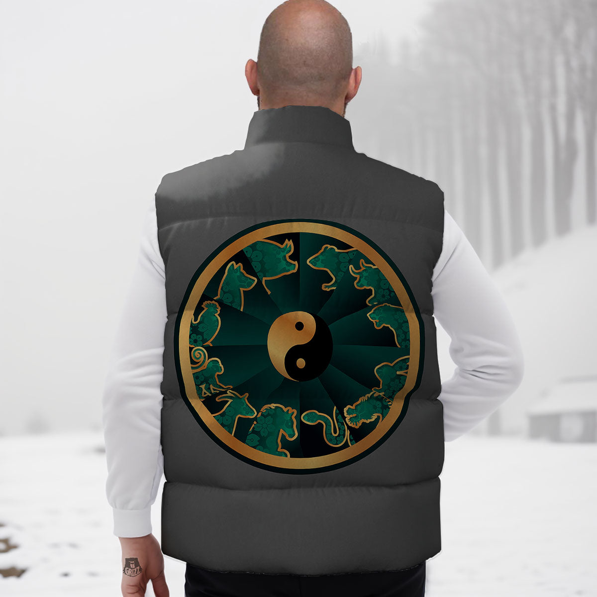 Chinese Zodiac Gold And Green Print Down Vest