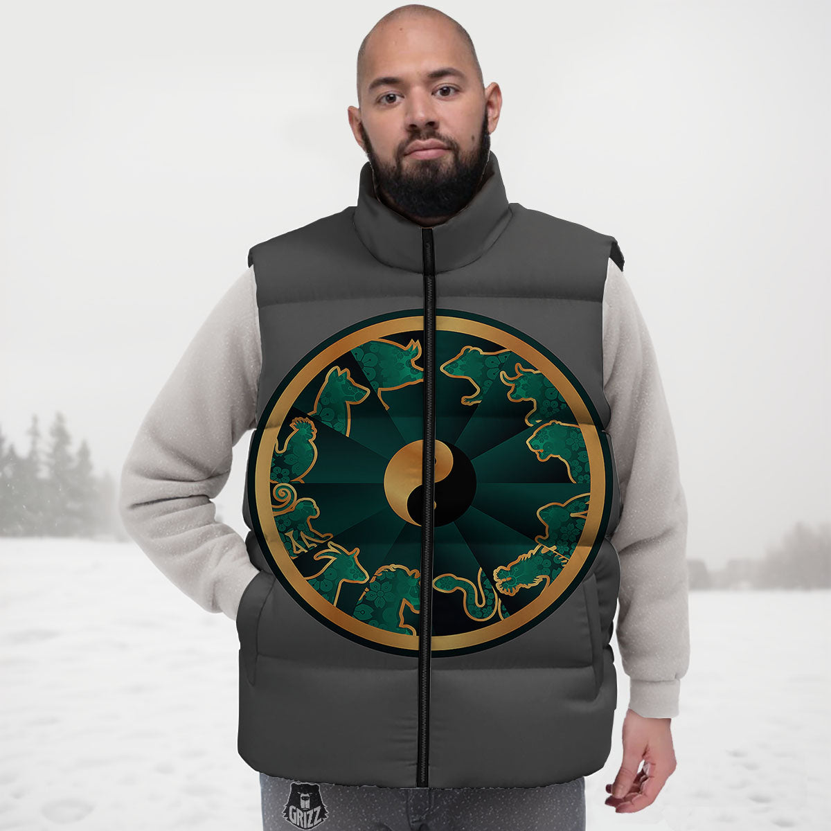 Chinese Zodiac Gold And Green Print Down Vest