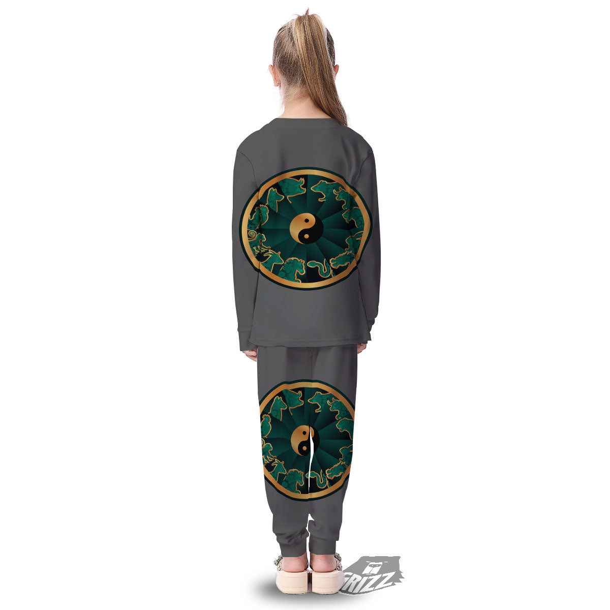 Chinese Zodiac Gold And Green Print Kid's Pajamas-grizzshop