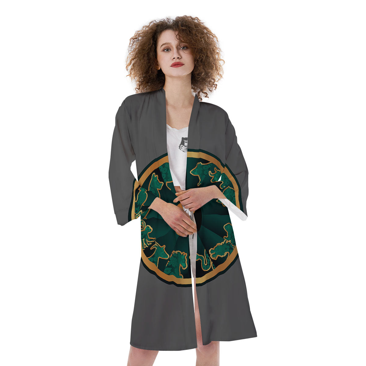 Chinese Zodiac Gold And Green Print Kimono-grizzshop