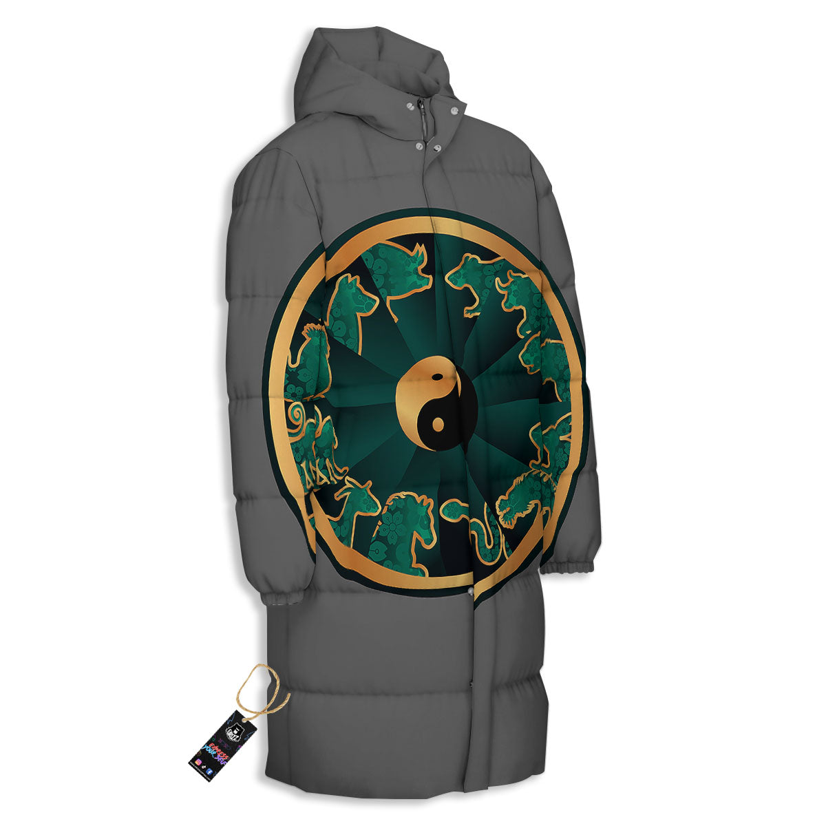 Chinese Zodiac Gold And Green Print Long Down Jacket-grizzshop