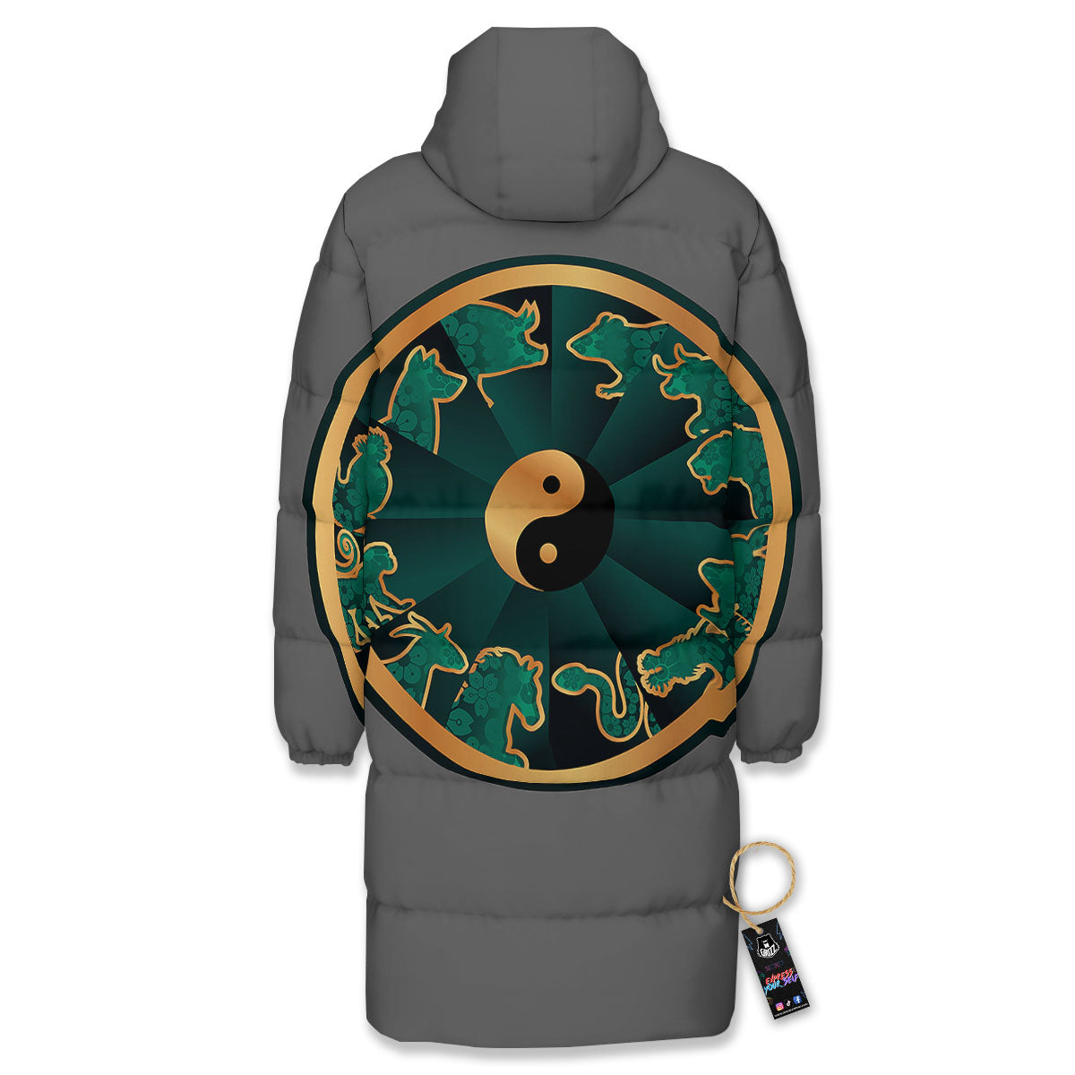 Chinese Zodiac Gold And Green Print Long Down Jacket-grizzshop