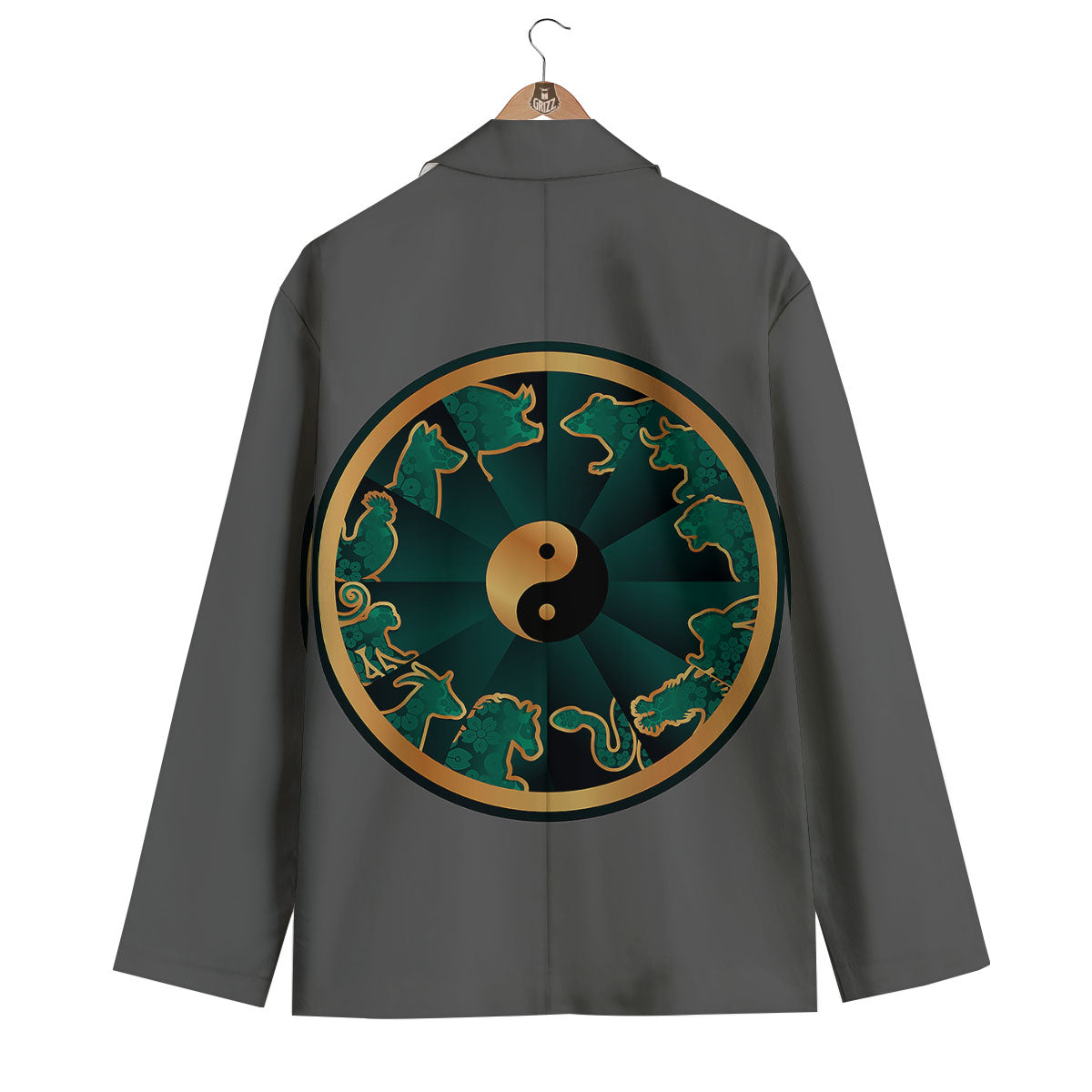 Chinese Zodiac Gold And Green Print Men's Blazer-grizzshop