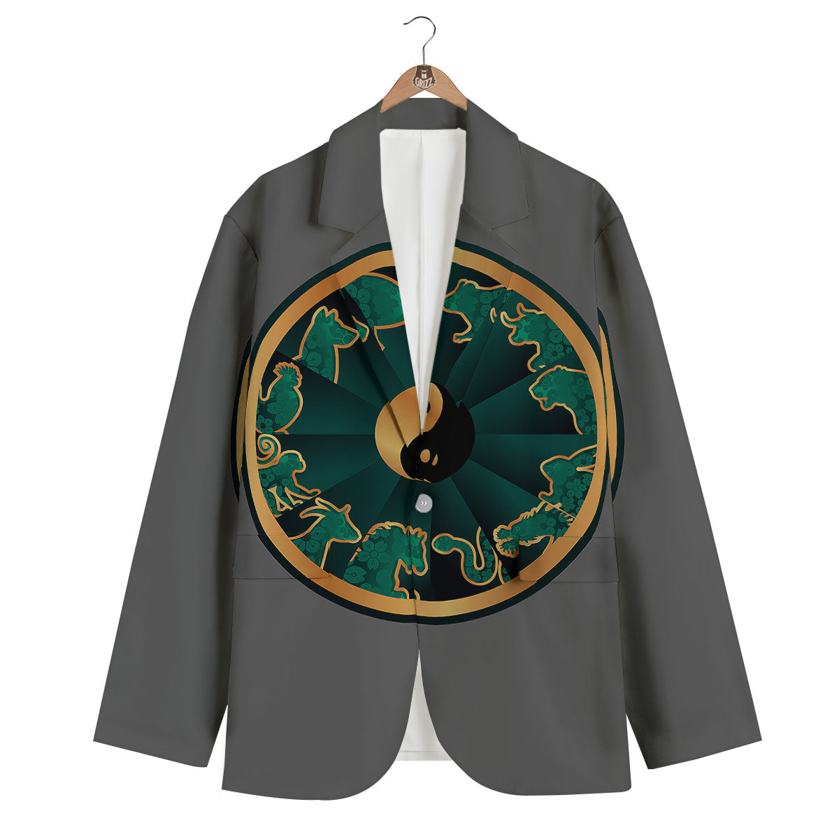 Chinese Zodiac Gold And Green Print Men's Blazer-grizzshop