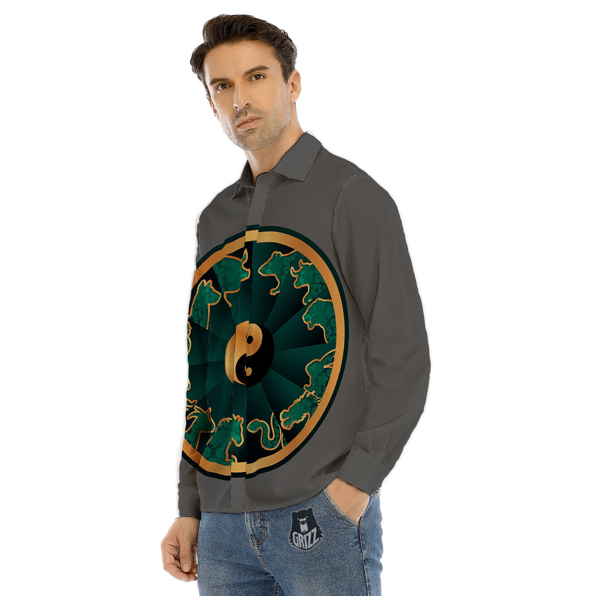 Chinese Zodiac Gold And Green Print Men's Dress Shirts-grizzshop