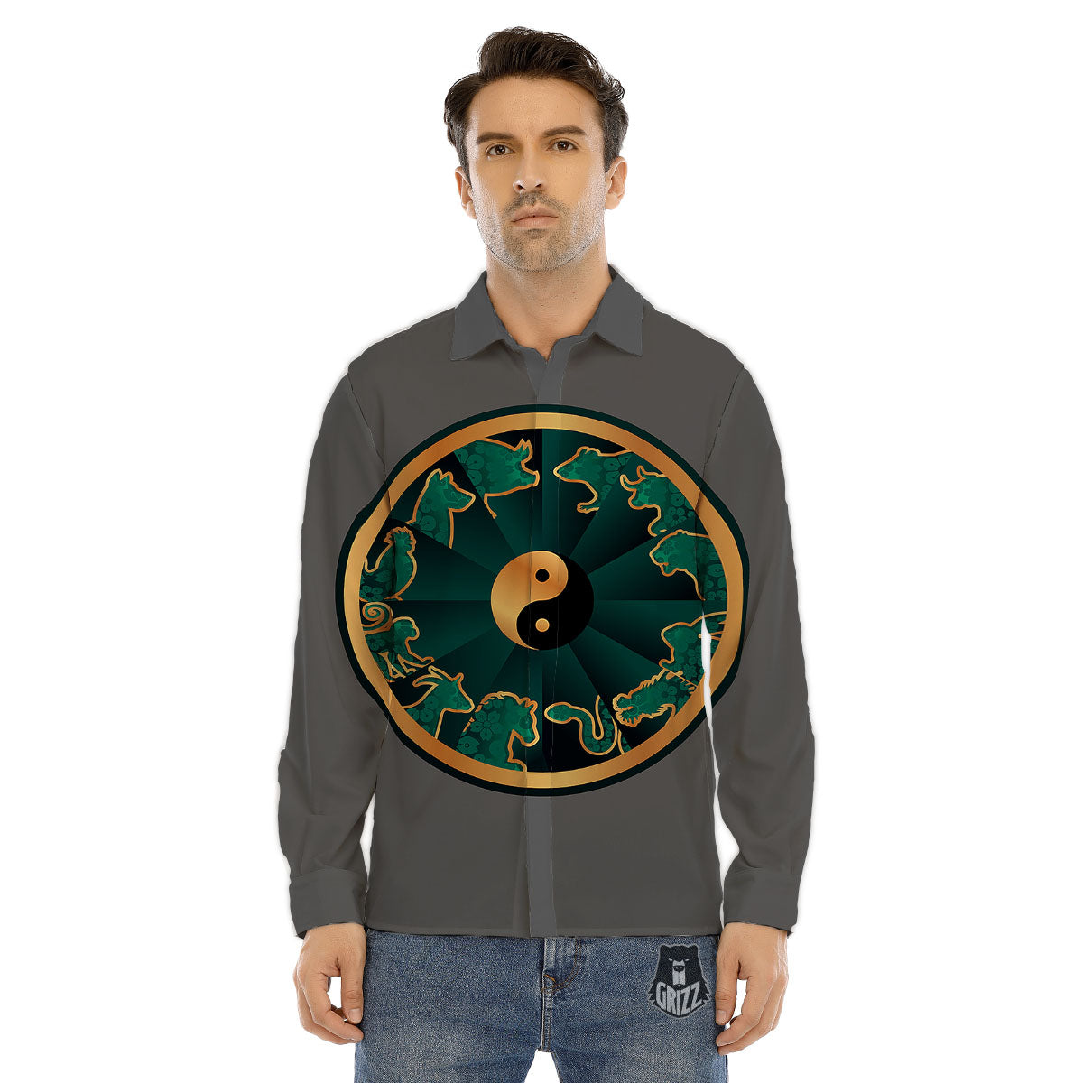 Chinese Zodiac Gold And Green Print Men's Dress Shirts-grizzshop
