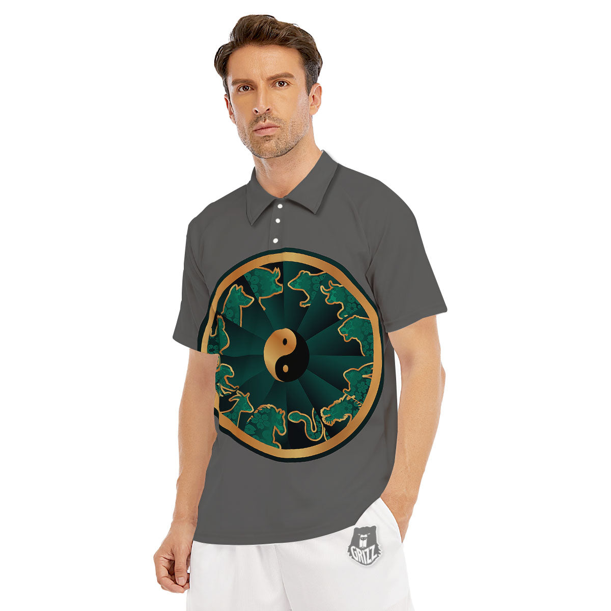 Chinese Zodiac Gold And Green Print Men's Golf Shirts-grizzshop
