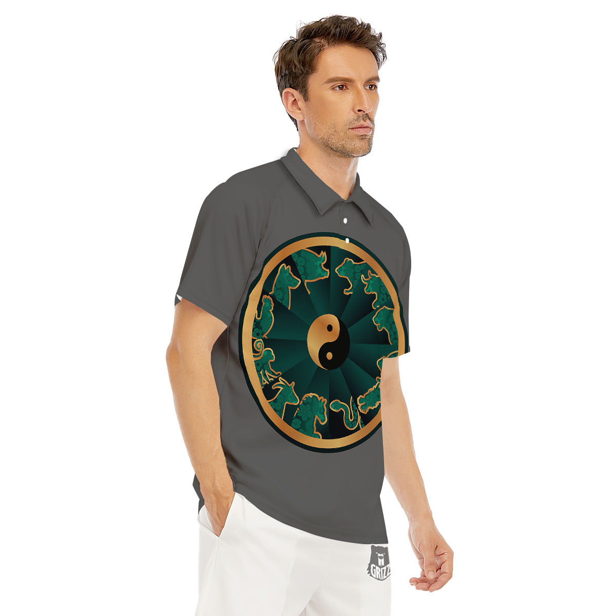 Chinese Zodiac Gold And Green Print Men's Golf Shirts-grizzshop