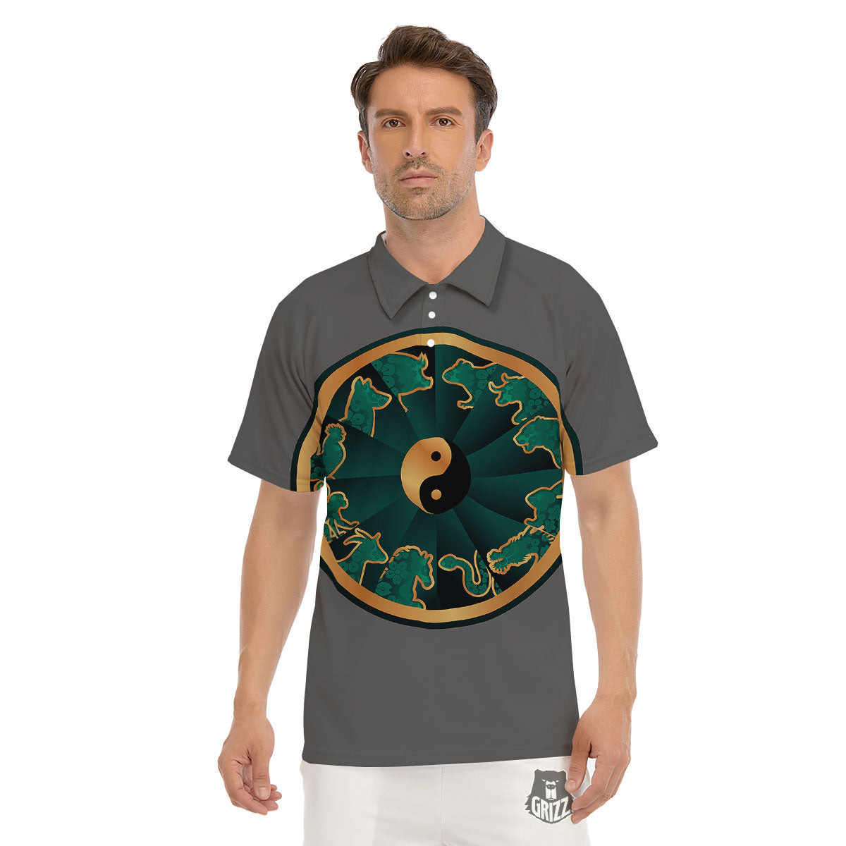 Chinese Zodiac Gold And Green Print Men's Golf Shirts-grizzshop