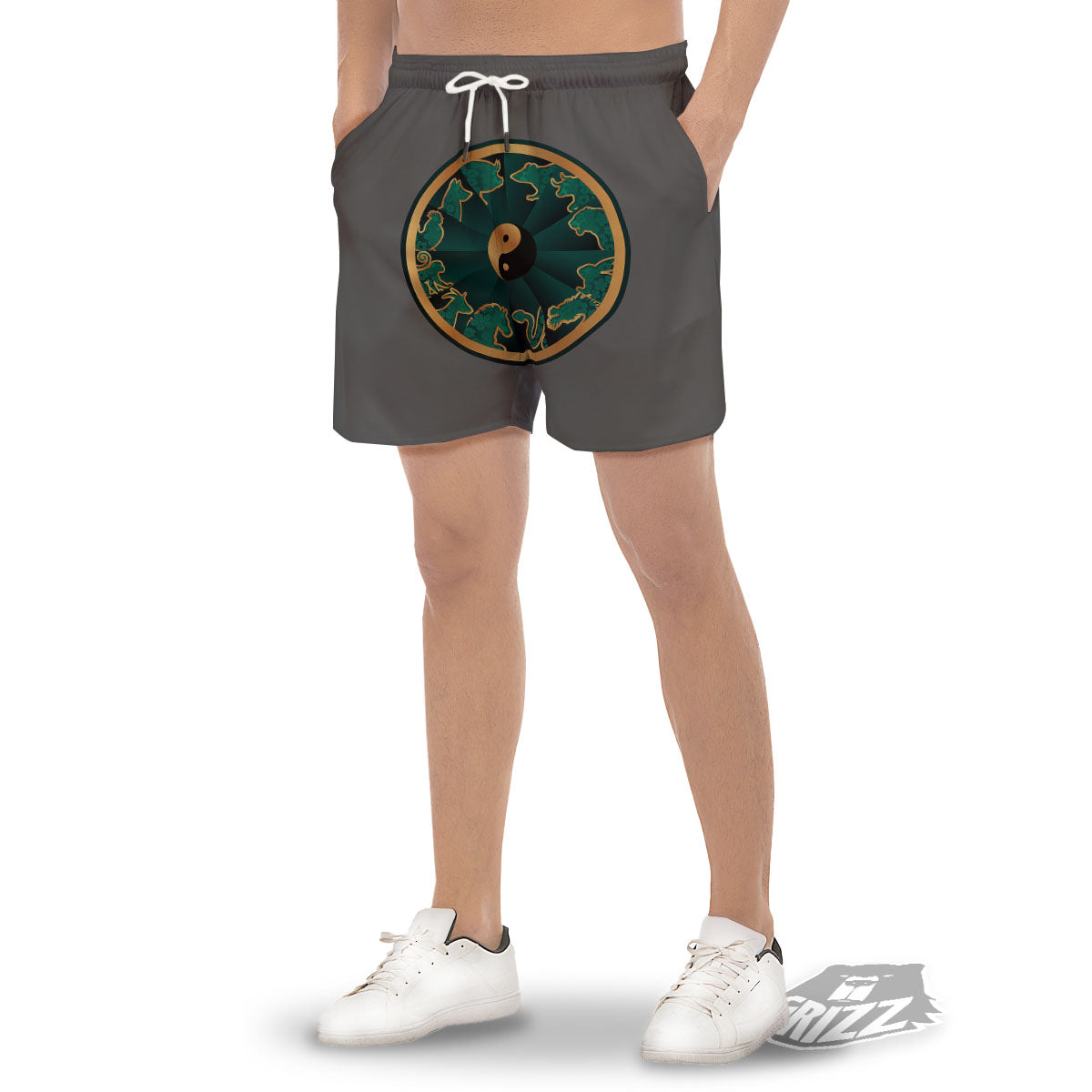 Chinese Zodiac Gold And Green Print Men's Gym Shorts-grizzshop