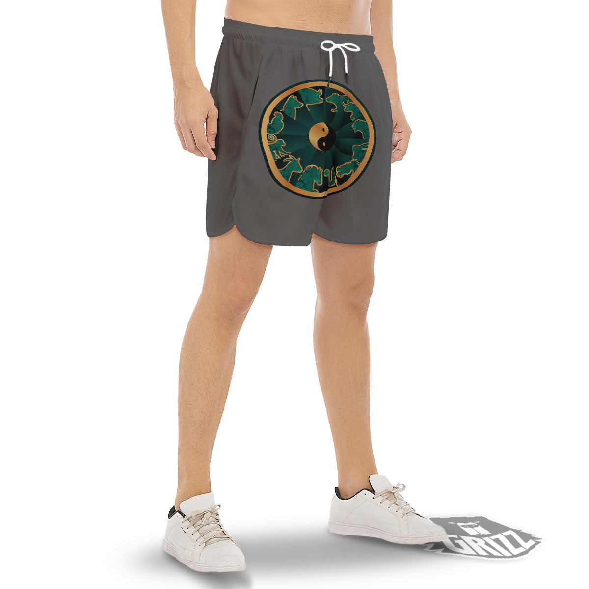 Chinese Zodiac Gold And Green Print Men's Gym Shorts-grizzshop