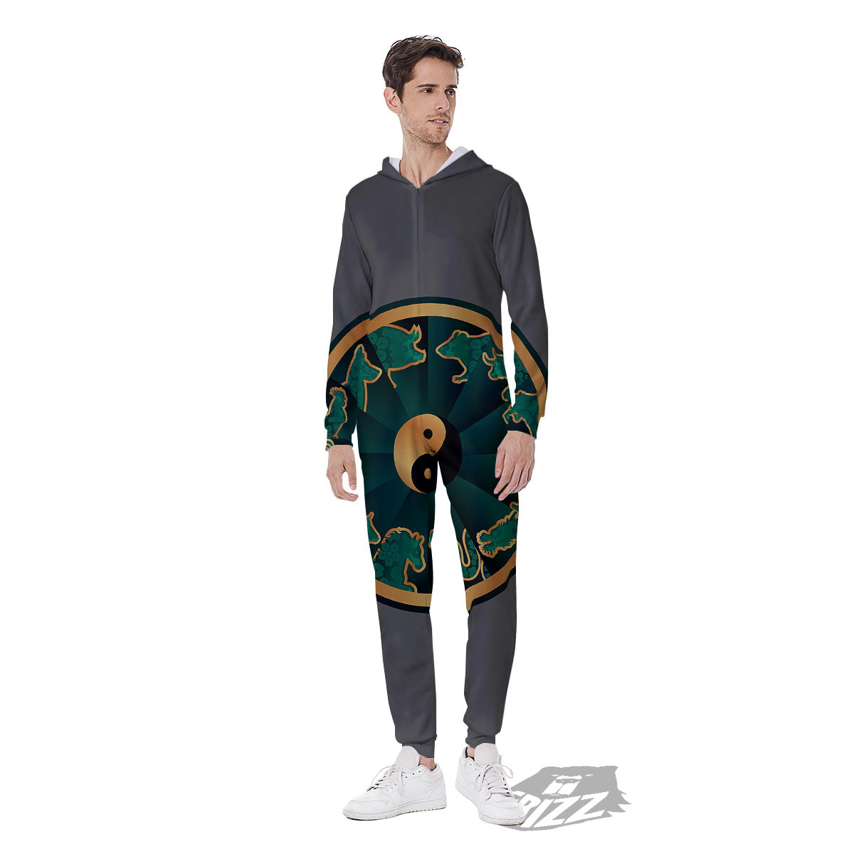 Chinese Zodiac Gold And Green Print Men's Jumpsuit-grizzshop