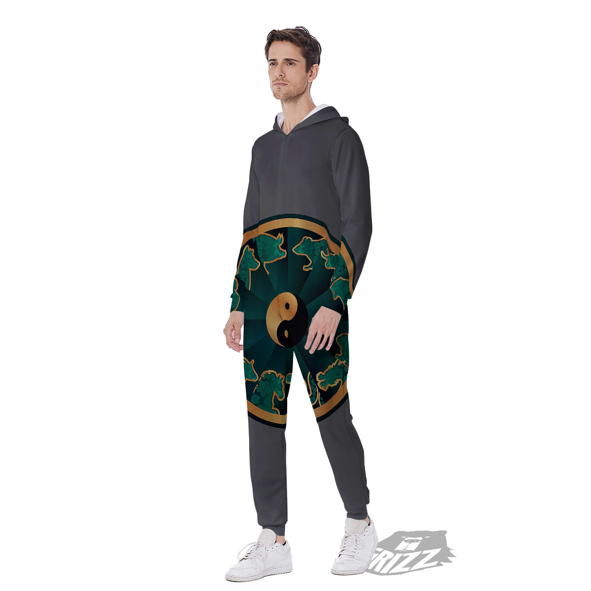 Chinese Zodiac Gold And Green Print Men's Jumpsuit-grizzshop
