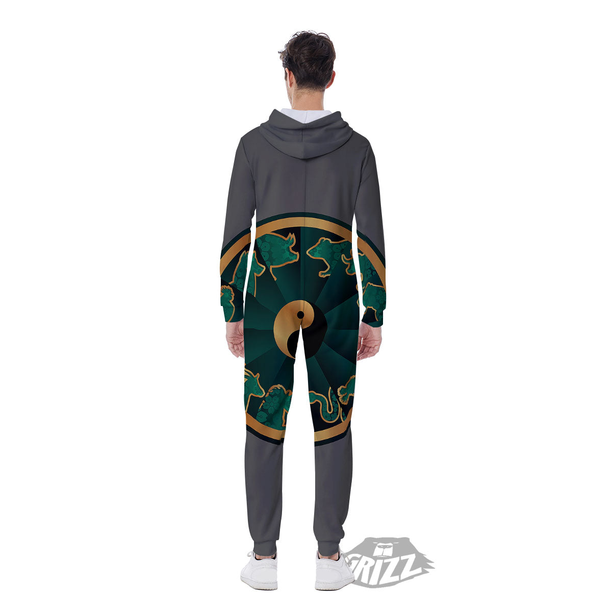 Chinese Zodiac Gold And Green Print Men's Jumpsuit-grizzshop
