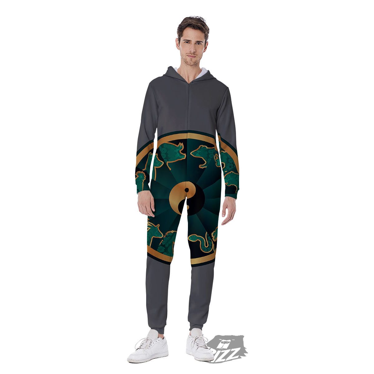 Chinese Zodiac Gold And Green Print Men's Jumpsuit-grizzshop