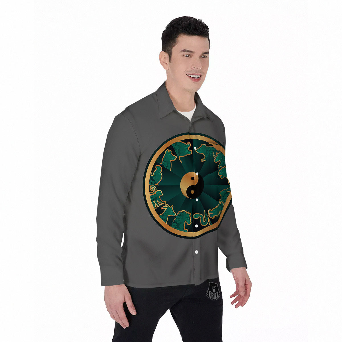 Chinese Zodiac Gold And Green Print Men's Long Sleeve Shirts-grizzshop